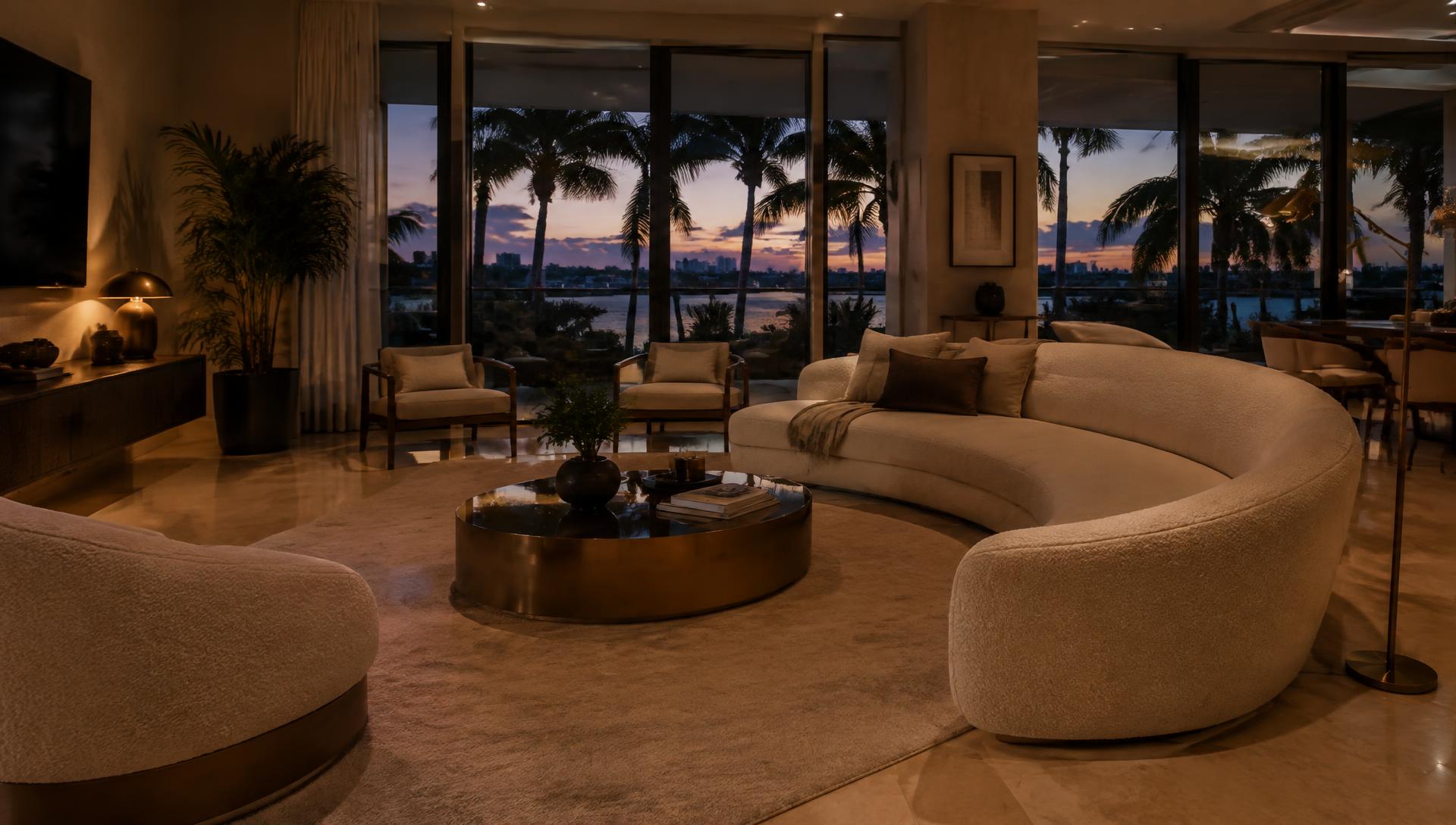 Warm contemporary Boca Raton living room at dusk with palm views
