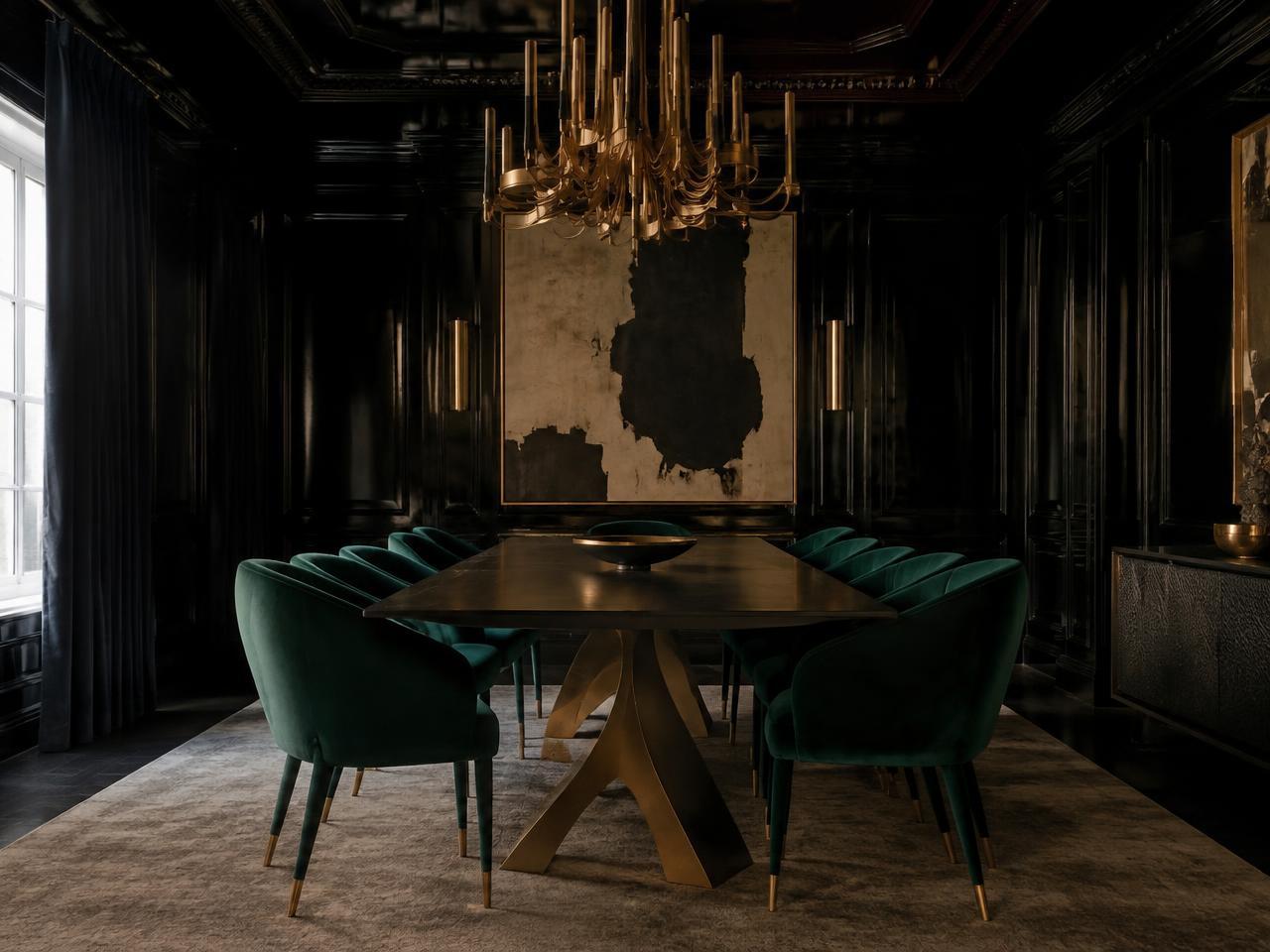 Design inspiration: dramatic dining room with emerald velvet chairs and gold chandelier